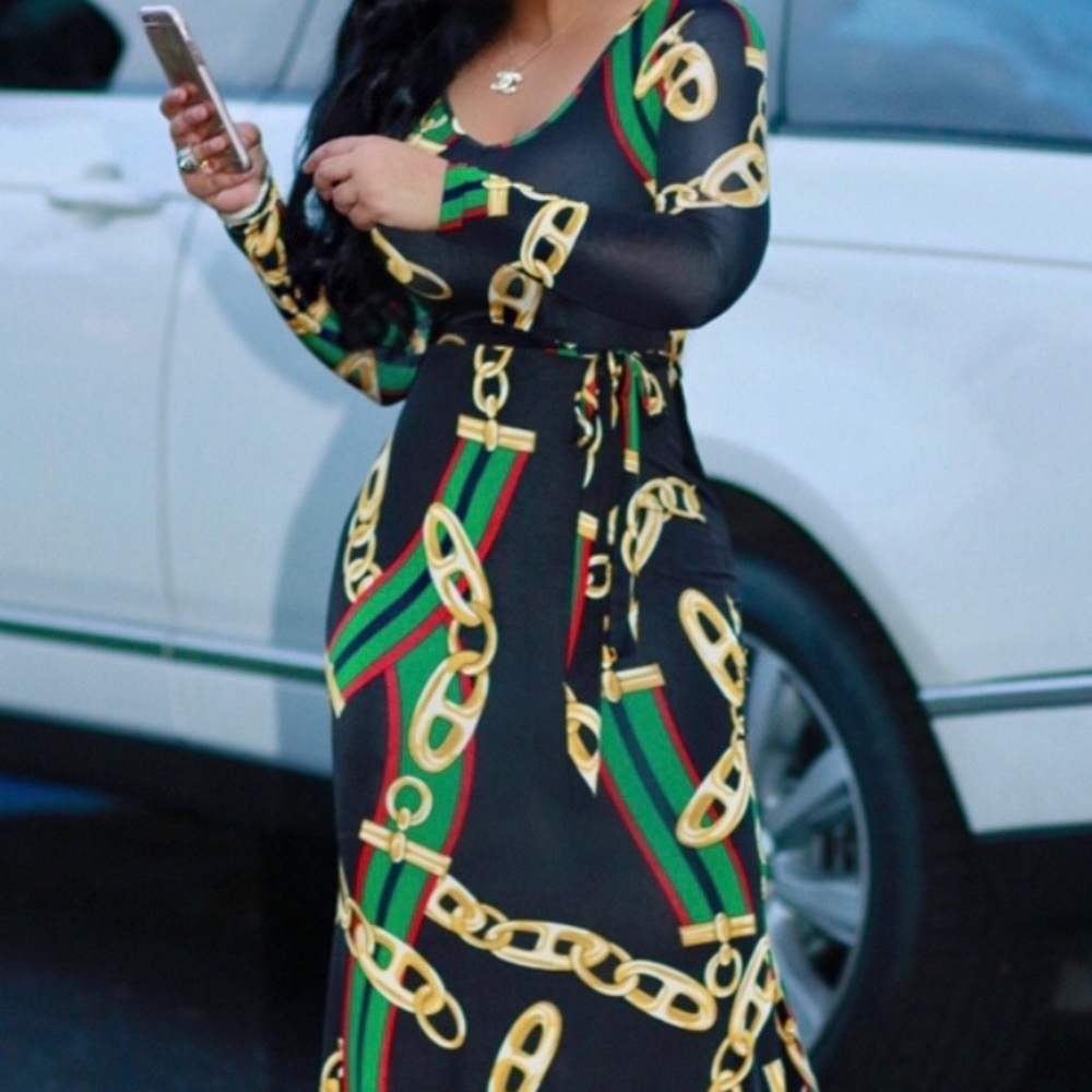 Neck Chain Printed Ankle Length Dress